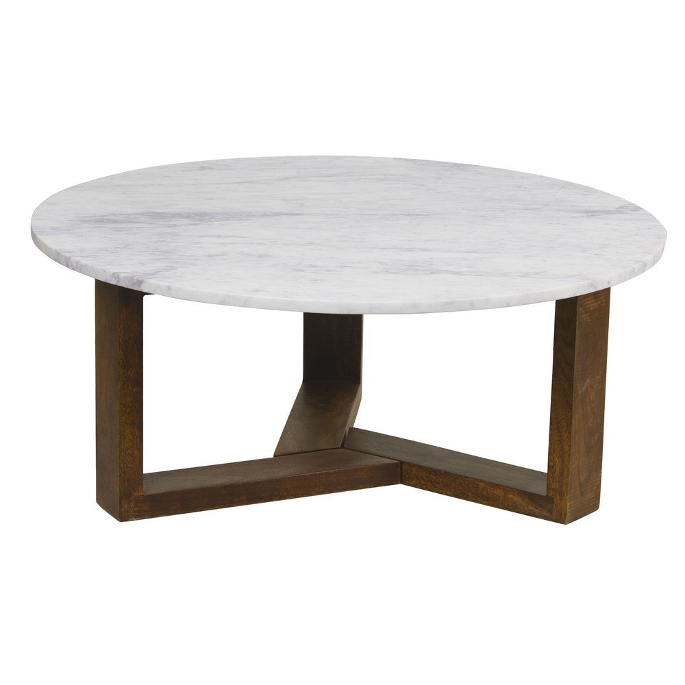 Fina 38 Inch Round Coffee Table, White Genuine Marble Top, Natural Brown Mango Wood 3 Leg Sled Base