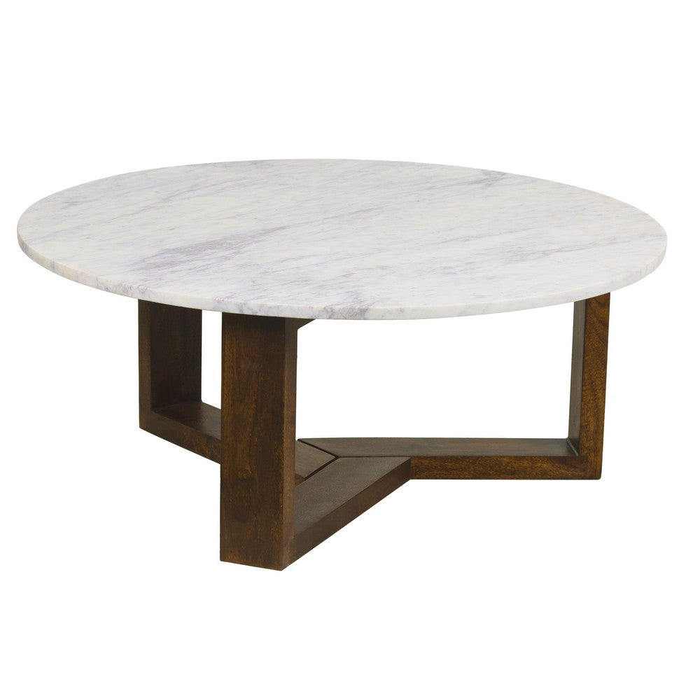 Fina 38 Inch Round Coffee Table, White Genuine Marble Top, Natural Brown Mango Wood 3 Leg Sled Base