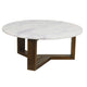 Fina 38 Inch Round Coffee Table, White Genuine Marble Top, Natural Brown Mango Wood 3 Leg Sled Base
