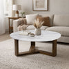 Fina 38 Inch Round Coffee Table, White Genuine Marble Top, Natural Brown Mango Wood 3 Leg Sled Base