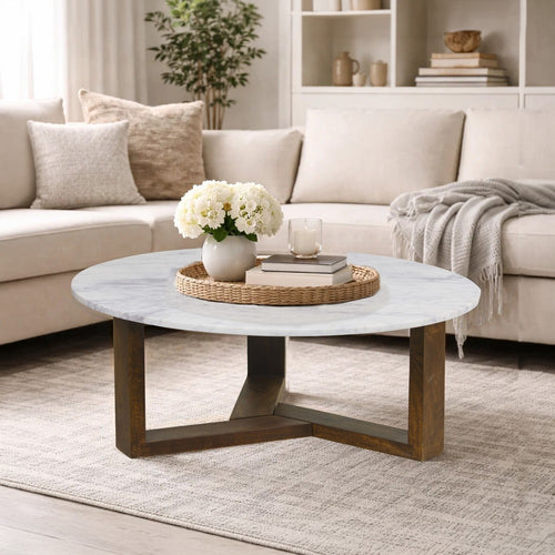 Fina 38 Inch Round Coffee Table, White Genuine Marble Top, Natural Brown Mango Wood 3 Leg Sled Base