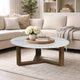 Fina 38 Inch Round Coffee Table, White Genuine Marble Top, Natural Brown Mango Wood 3 Leg Sled Base