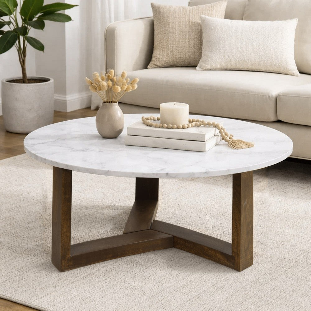 Fina 38 Inch Round Coffee Table, White Genuine Marble Top, Natural Brown Mango Wood 3 Leg Sled Base