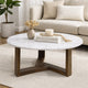 Fina 38 Inch Round Coffee Table, White Genuine Marble Top, Natural Brown Mango Wood 3 Leg Sled Base