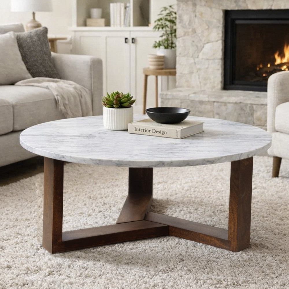 Buy 38 Inch Mango Wood Round Coffee Table, White Marble Top – Casagear