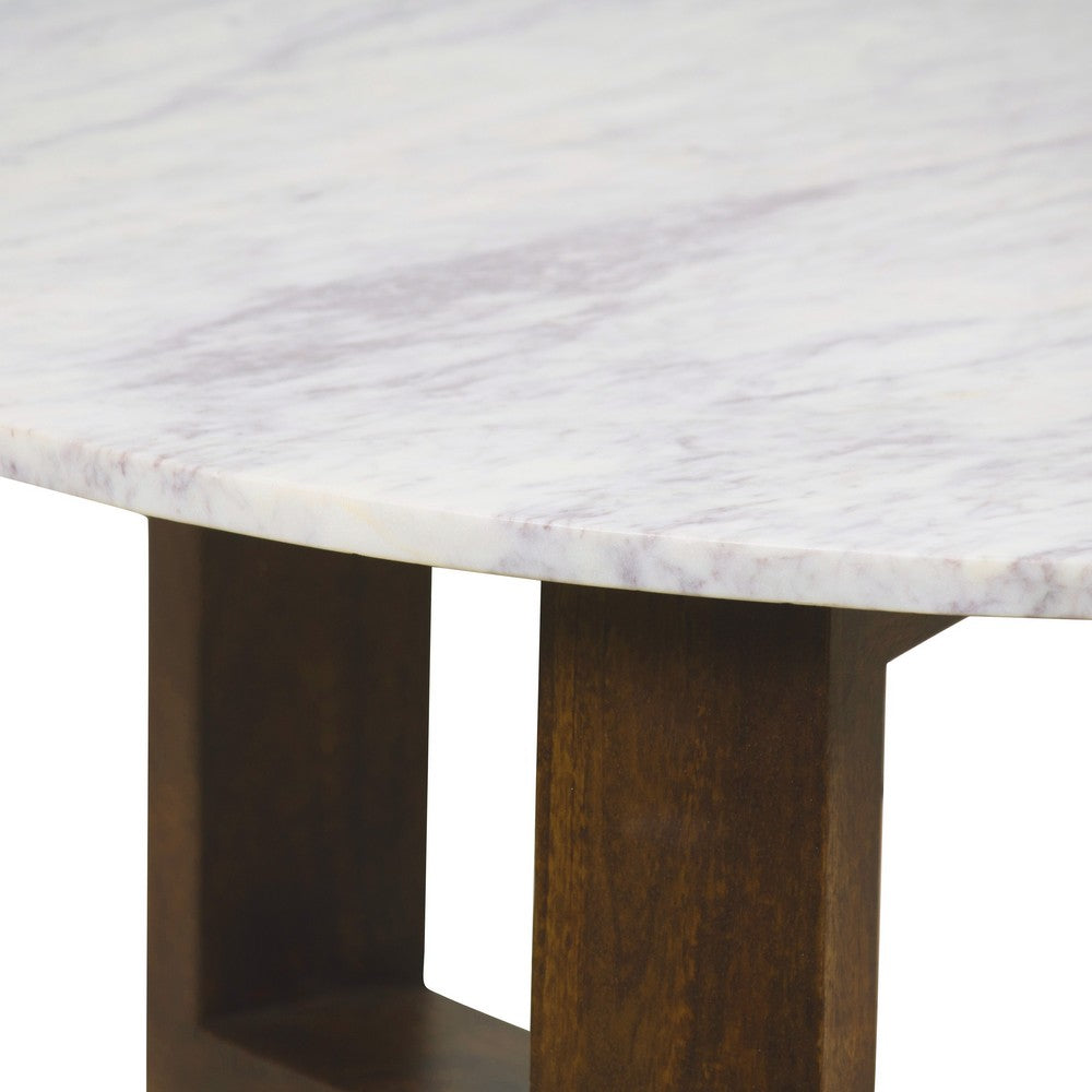 Fina 38 Inch Round Coffee Table, White Genuine Marble Top, Natural Brown Mango Wood 3 Leg Sled Base