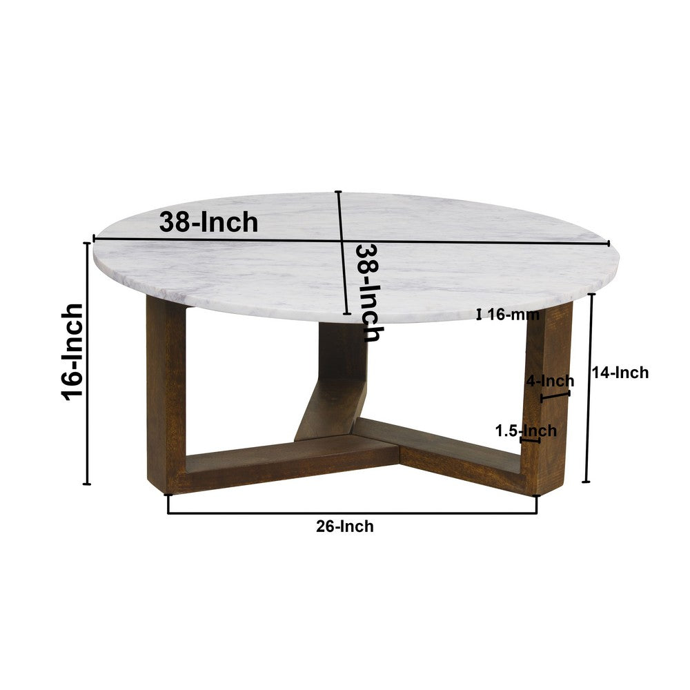 Fina 38 Inch Round Coffee Table, White Genuine Marble Top, Natural Brown Mango Wood 3 Leg Sled Base