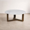 Fina 38 Inch Round Coffee Table, White Genuine Marble Top, Natural Brown Mango Wood 3 Leg Sled Base