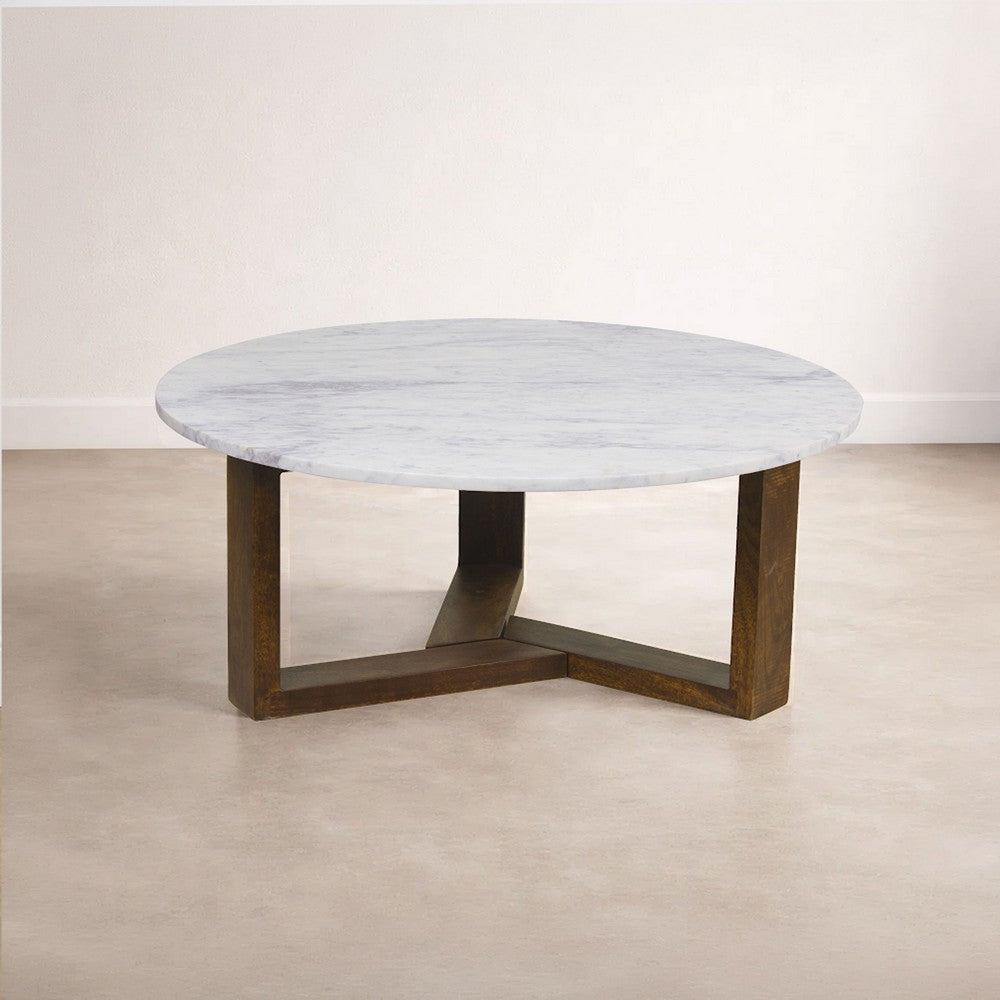 Fina 38 Inch Round Coffee Table, White Genuine Marble Top, Natural Brown Mango Wood 3 Leg Sled Base