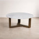Fina 38 Inch Round Coffee Table, White Genuine Marble Top, Natural Brown Mango Wood 3 Leg Sled Base