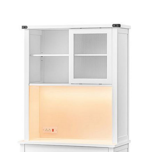 Kyna 71 Inch Storage Cabinet, Sliding Glass Cupboard, Wood Shelves White By Casagear Home