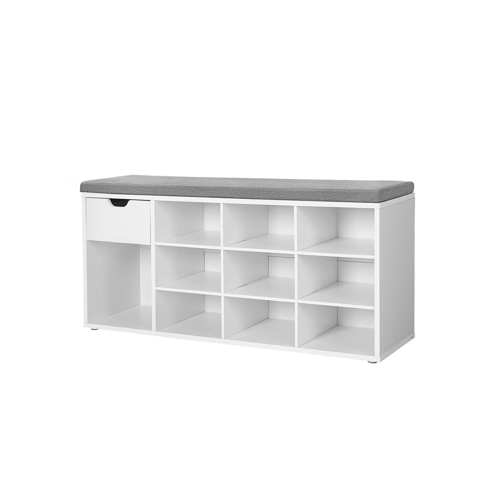 Lyne 41 Inch Shoe Bench with Drawer and 10 Shelves, Gray Seat, White Wood By Casagear Home