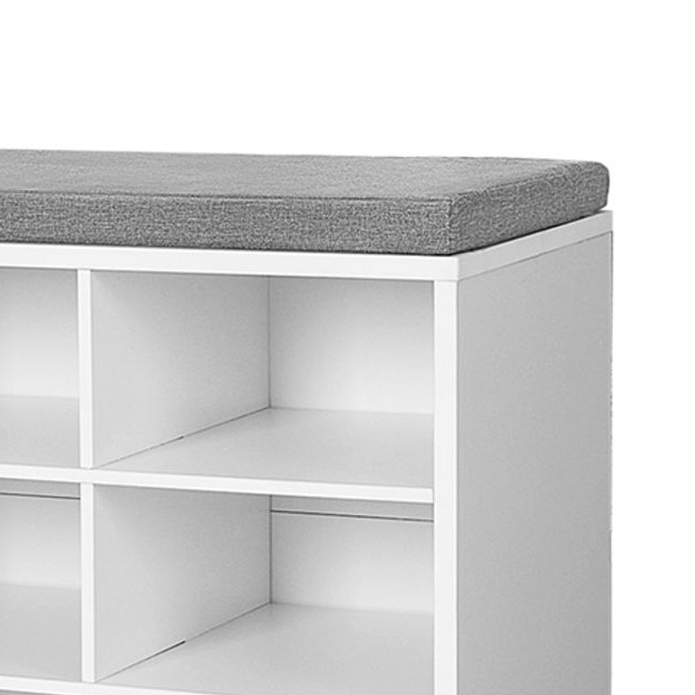 Lyne 41 Inch Shoe Bench with Drawer and 10 Shelves Gray Seat White Wood By Casagear Home BM315780