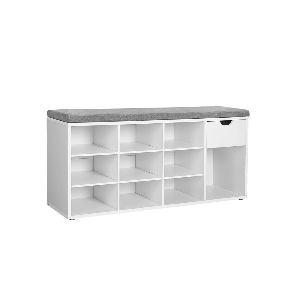 Lyne 41 Inch Shoe Bench with Drawer and 10 Shelves, Gray Seat, White Wood By Casagear Home