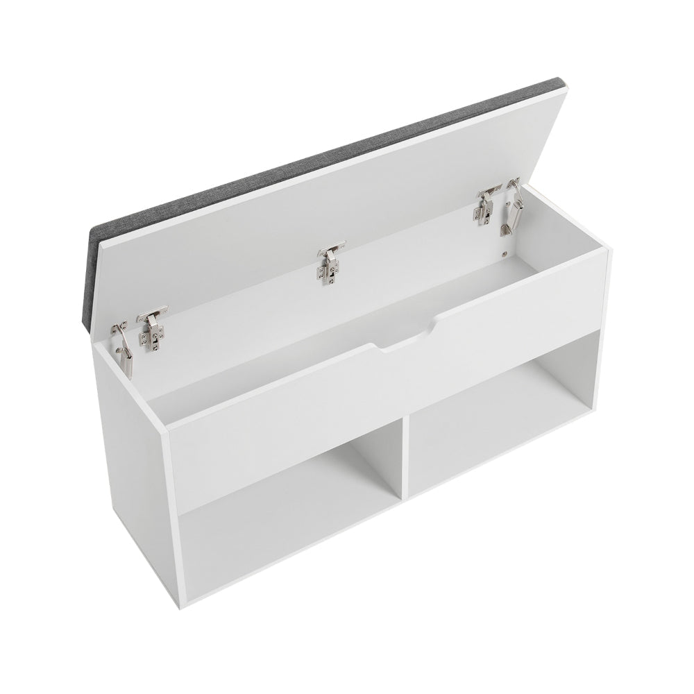 Lyne 39 Inch Shoe Bench, Large Gray Storage Box, 2 Open Shelves, White By Casagear Home