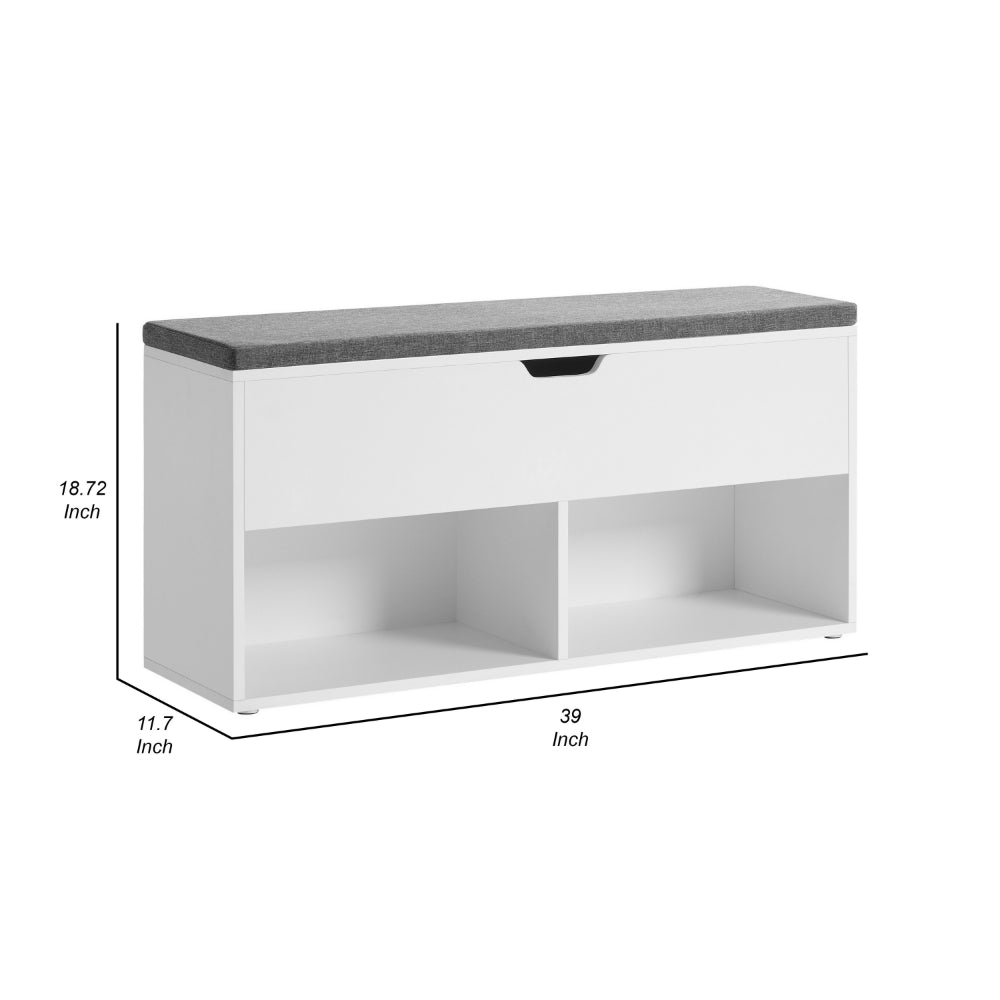 Lyne 39 Inch Shoe Bench, Large Gray Storage Box, 2 Open Shelves, White By Casagear Home