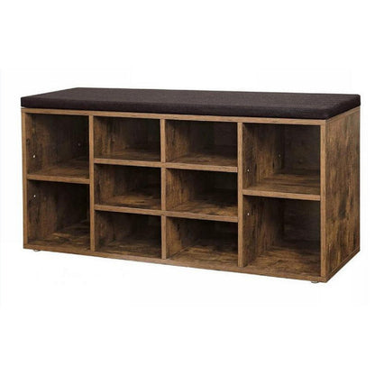 Lyne 41 Inch Shoe Rack Bench with 9 Shelves, Soft Black Top, Brown Wood By Casagear Home