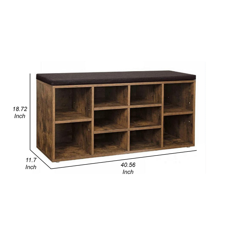 Lyne 41 Inch Shoe Rack Bench with 9 Shelves, Soft Black Top, Brown Wood By Casagear Home