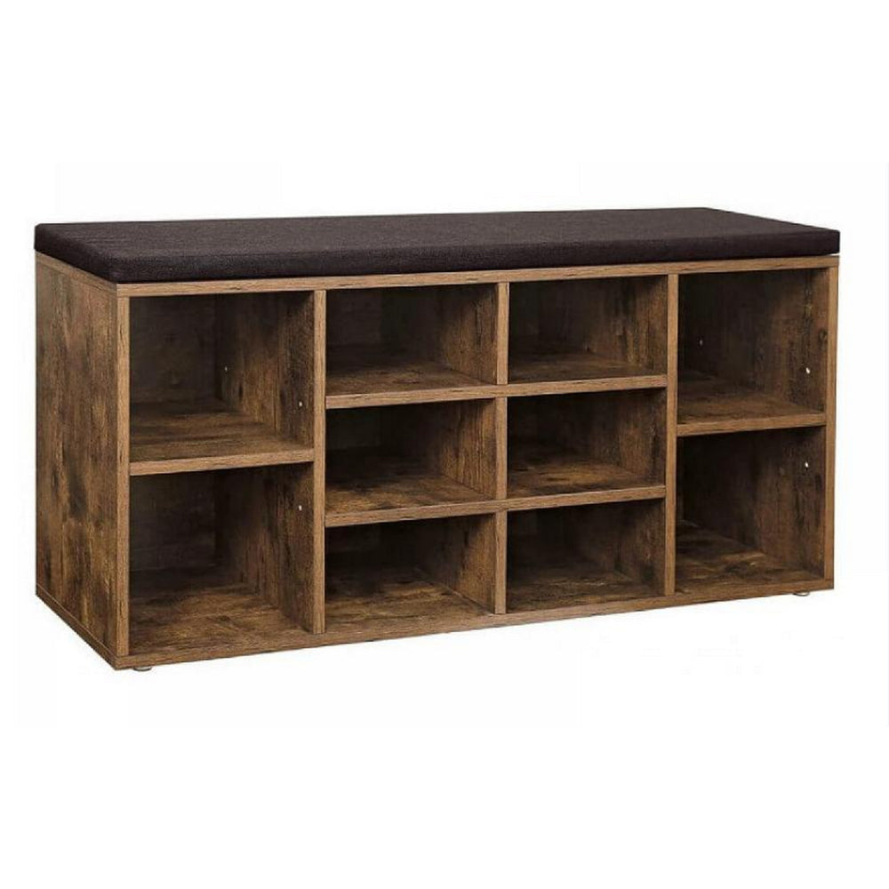 Lyne 41 Inch Shoe Rack Bench with 9 Shelves, Soft Black Top, Brown Wood By Casagear Home