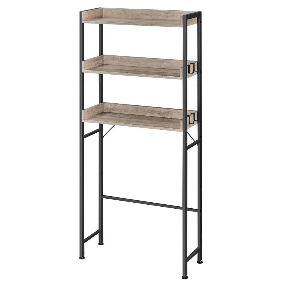 Kiu 65 Inch Bathroom Storage with 3 Shelves in Brown Wood Black Steel By Casagear Home BM315785