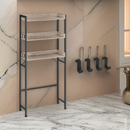 Kiu 65 Inch Bathroom Storage with 3 Shelves in Brown Wood, Black Steel By Casagear Home