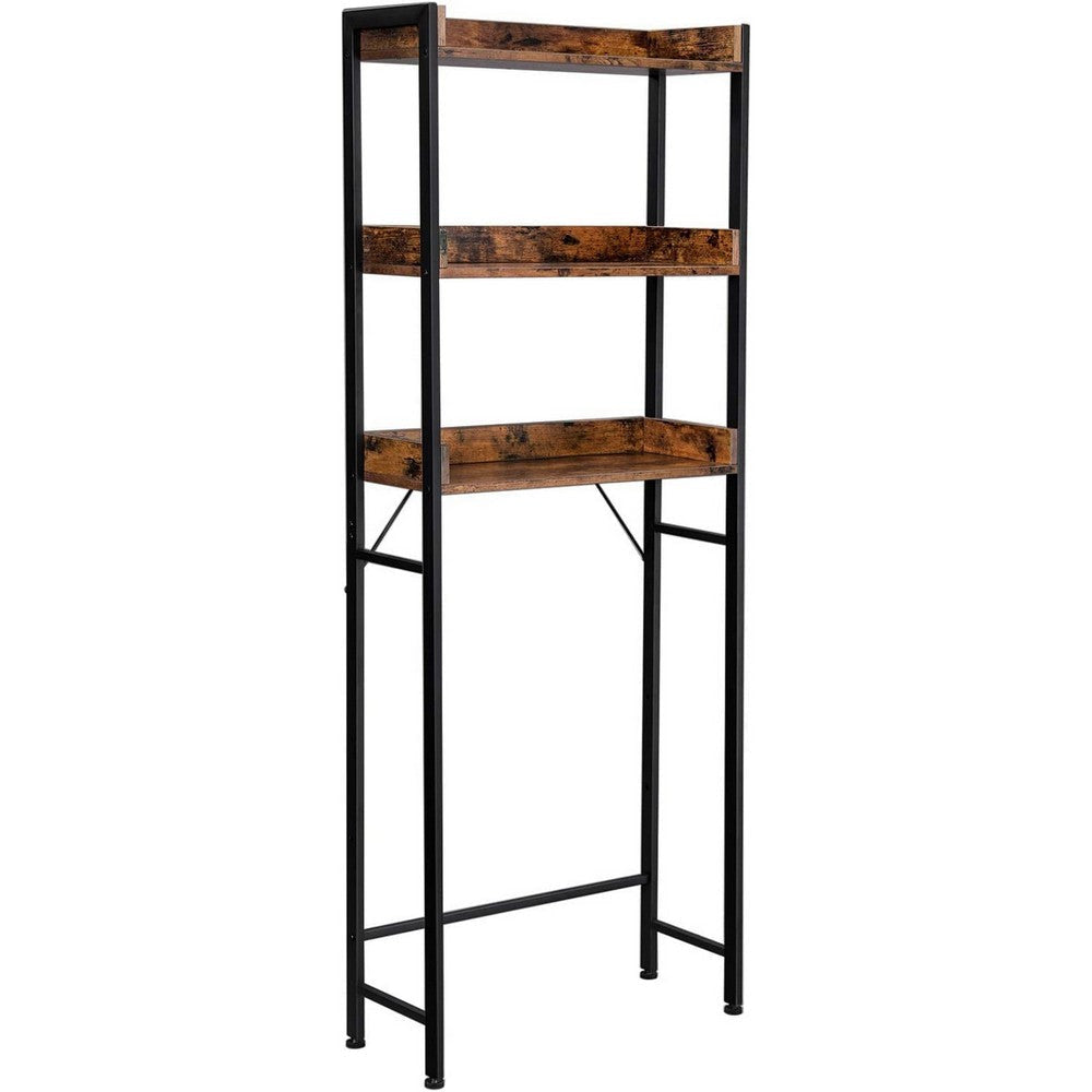 Kiu 65 Inch Bathroom Storage with 3 Open Brown Wood Shelves Black Steel By Casagear Home BM315786