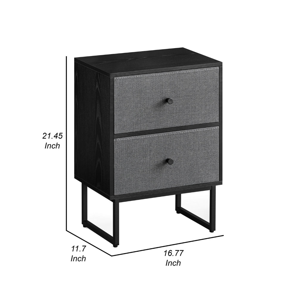 Jem 22 Inch Nightstand Set of 2, Soft Fabric Front Drawers, Black Steel By Casagear Home