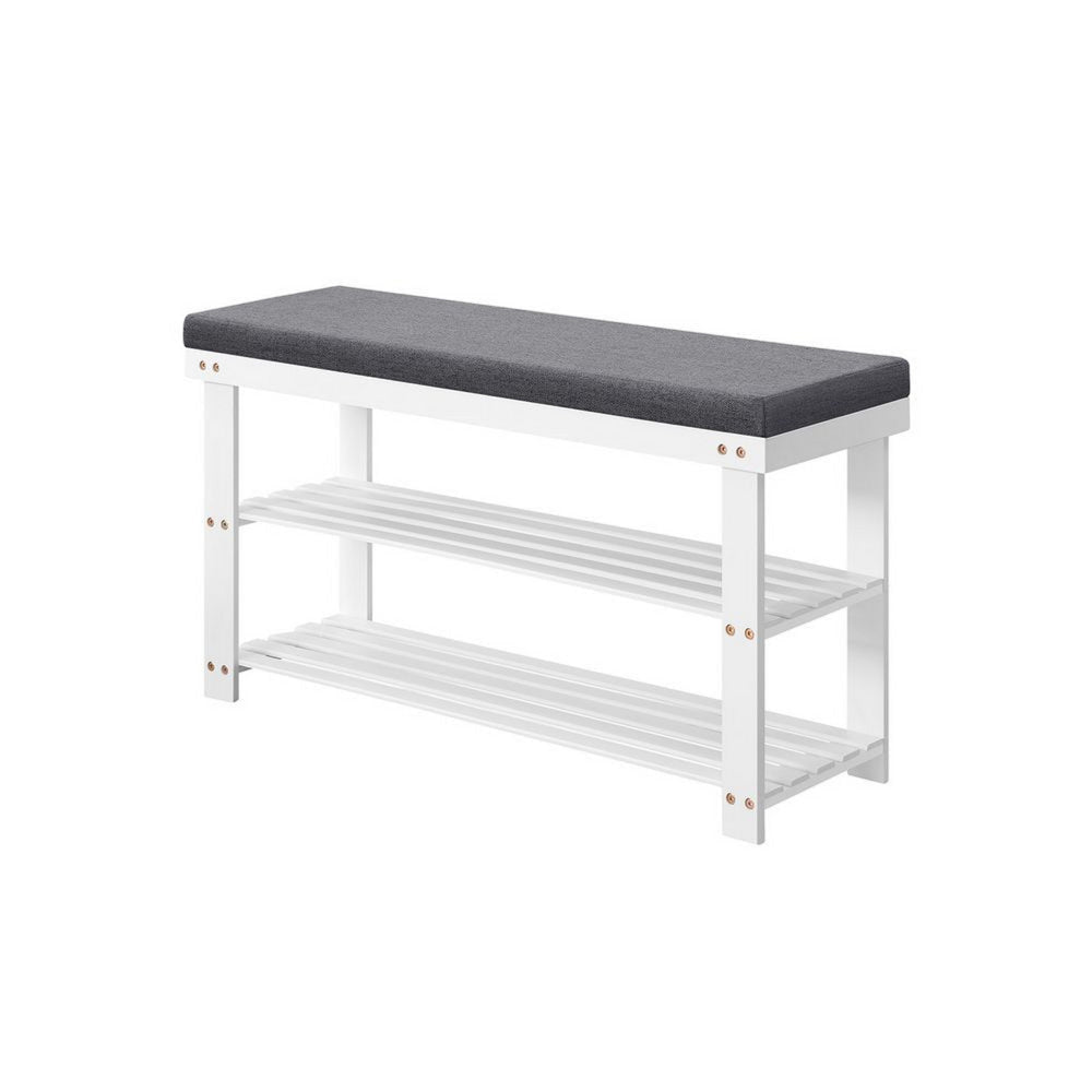 Alo 35 Inch Shoe Rack Bench, Cushioned Seat, 2 Slatted Shelves, White, Gray By Casagear Home