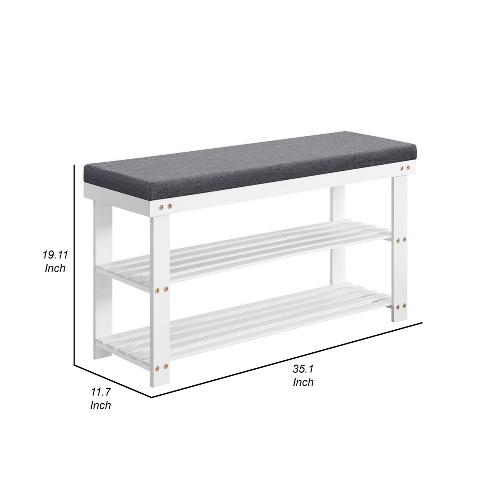 Alo 35 Inch Shoe Rack Bench Cushioned Seat 2 Slatted Shelves White Gray By Casagear Home BM315792