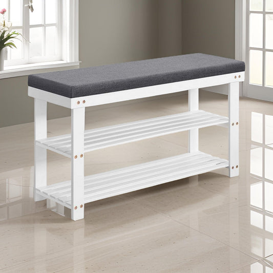 Alo 35 Inch Shoe Rack Bench, Cushioned Seat, 2 Slatted Shelves, White, Gray By Casagear Home