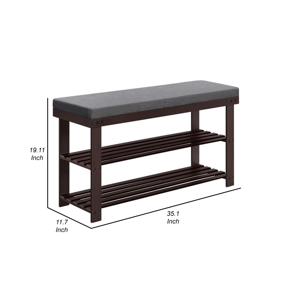 Alo 35 Inch Shoe Rack Bench, Cushioned Seat, 2 Slatted Shelves, Brown, Gray By Casagear Home