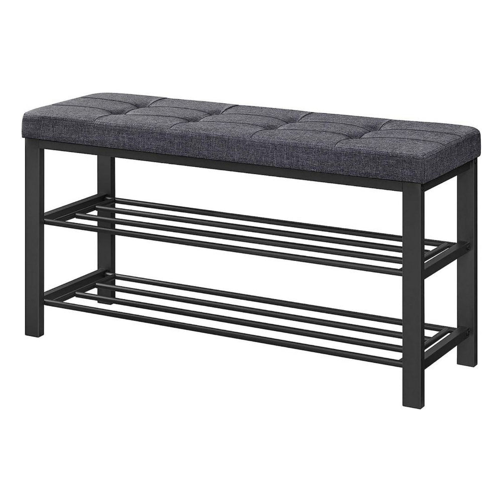 Lee 39 Inch Shoe Rack Bench Tufted Seat 2 Shelves Dark Gray Black By Casagear Home BM315794