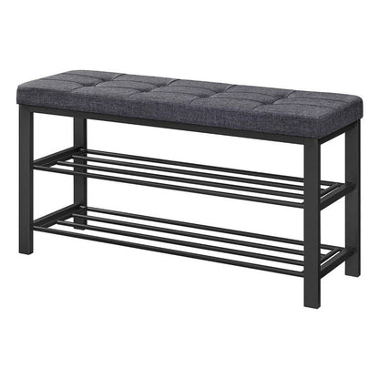 Lee 39 Inch Shoe Rack Bench, Tufted Seat, 2 Shelves, Dark Gray, Black By Casagear Home