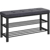 Lee 39 Inch Shoe Rack Bench, Tufted Seat, 2 Shelves, Dark Gray, Black By Casagear Home