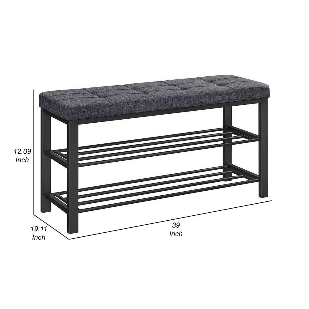 Lee 39 Inch Shoe Rack Bench, Tufted Seat, 2 Shelves, Dark Gray, Black By Casagear Home