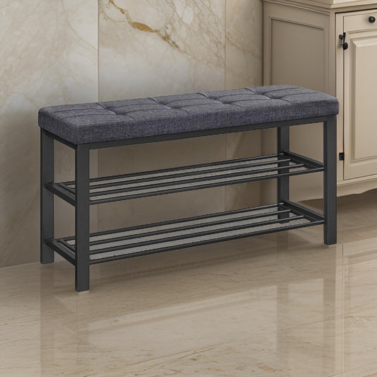 Lee 39 Inch Shoe Rack Bench, Tufted Seat, 2 Shelves, Dark Gray, Black By Casagear Home