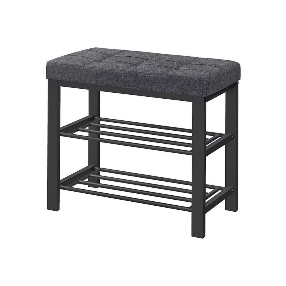 Lee 24 Inch Shoe Rack, Cushioned Tufted Seat, 2 Shelves, Dark Gray, Black By Casagear Home