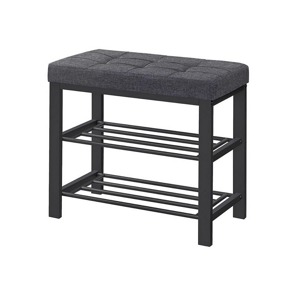 Lee 24 Inch Shoe Rack Cushioned Tufted Seat 2 Shelves Dark Gray Black By Casagear Home BM315795