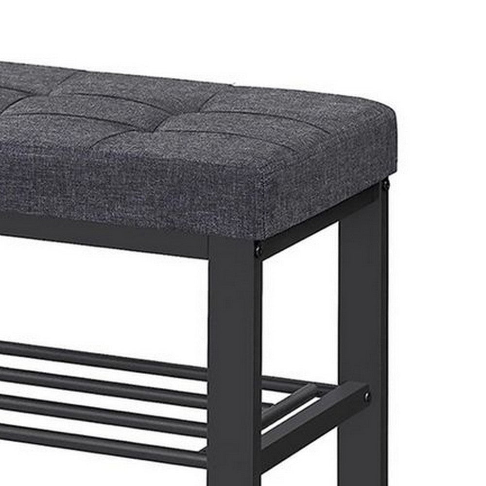 Lee 24 Inch Shoe Rack Cushioned Tufted Seat 2 Shelves Dark Gray Black By Casagear Home BM315795