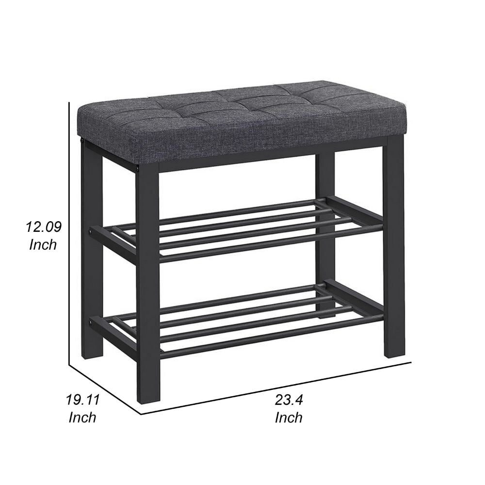 Lee 24 Inch Shoe Rack, Cushioned Tufted Seat, 2 Shelves, Dark Gray, Black By Casagear Home