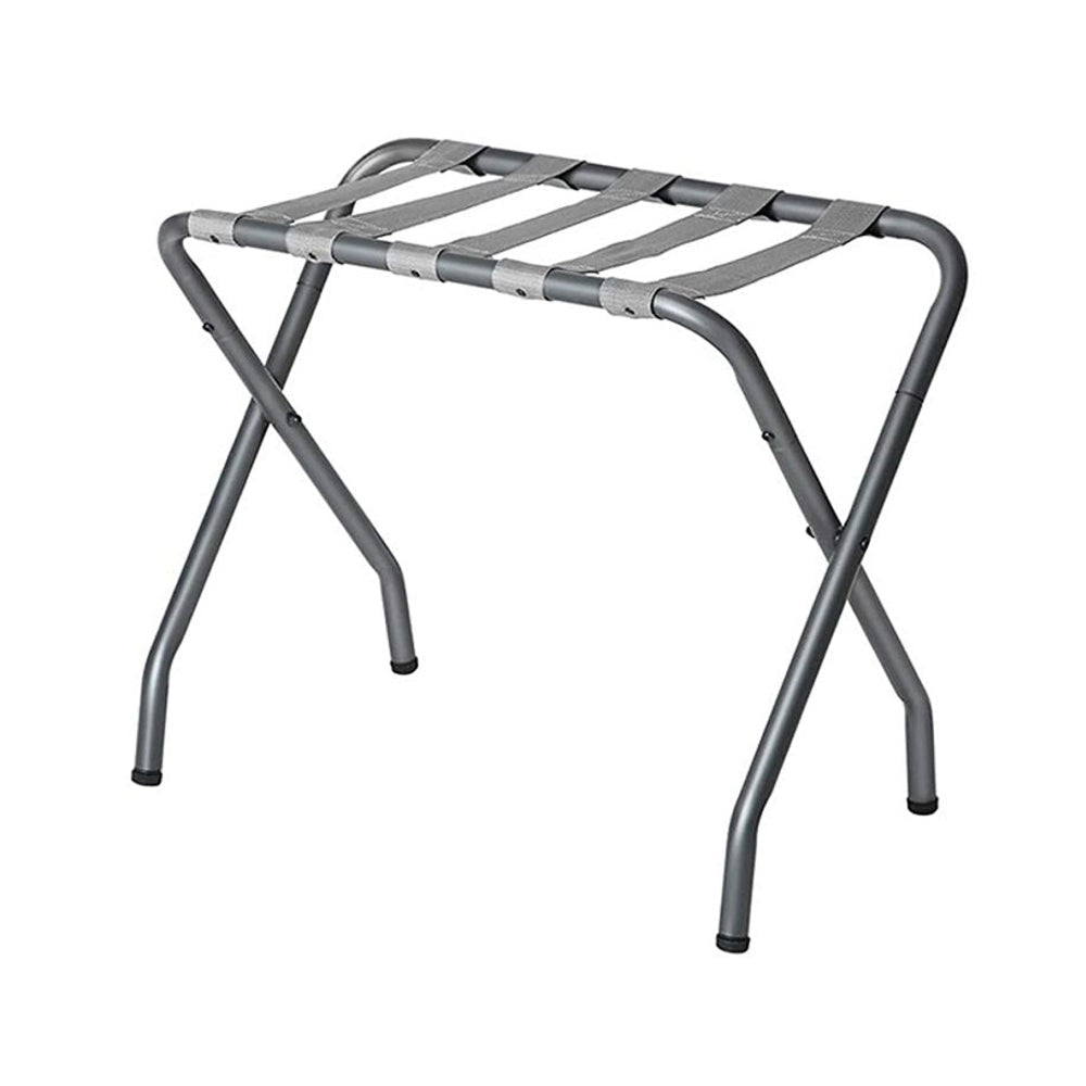 Rami 27 Inch Luggage Rack, Foldable, Slatted Fabric Shelf, Gray, Chrome By Casagear Home