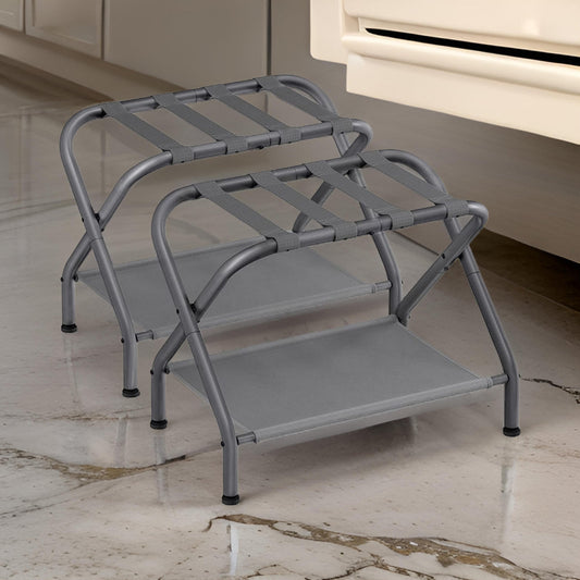 Rami 27 Inch Luggage Rack Set of 2, Slatted Fabric Shelf, Gray, Chrome By Casagear Home