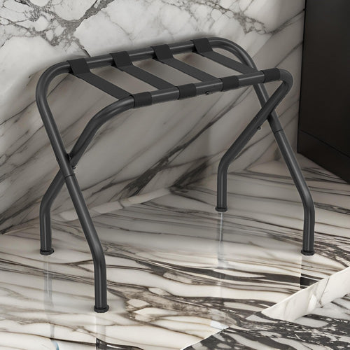 Rami 27 Inch Luggage Rack, Slatted Shelf, Foldable, Crossed Body, Black By Casagear Home