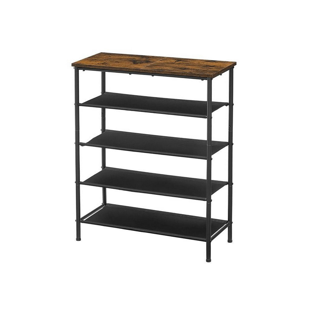 Byn 36 Inch Modern Shoe Rack 5 Tier Adjustable Shelves Black Steel Brown By Casagear Home BM315812