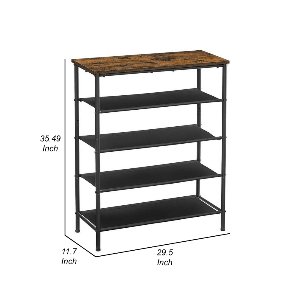 Byn 36 Inch Modern Shoe Rack, 5 Tier Adjustable Shelves, Black Steel, Brown By Casagear Home
