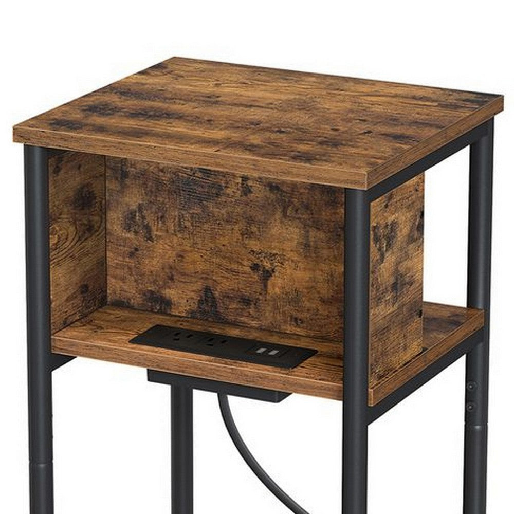 23 Inch Side End Table with USB Charging 1 Shelf Black Steel Brown Wood By Casagear Home BM315816