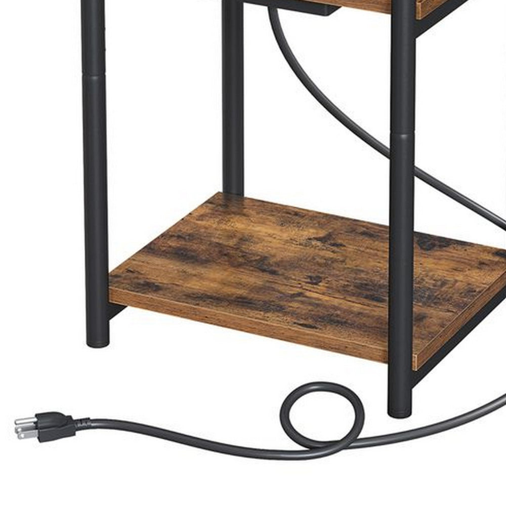 23 Inch Side End Table with USB Charging, 1 Shelf, Black Steel Brown Wood By Casagear Home