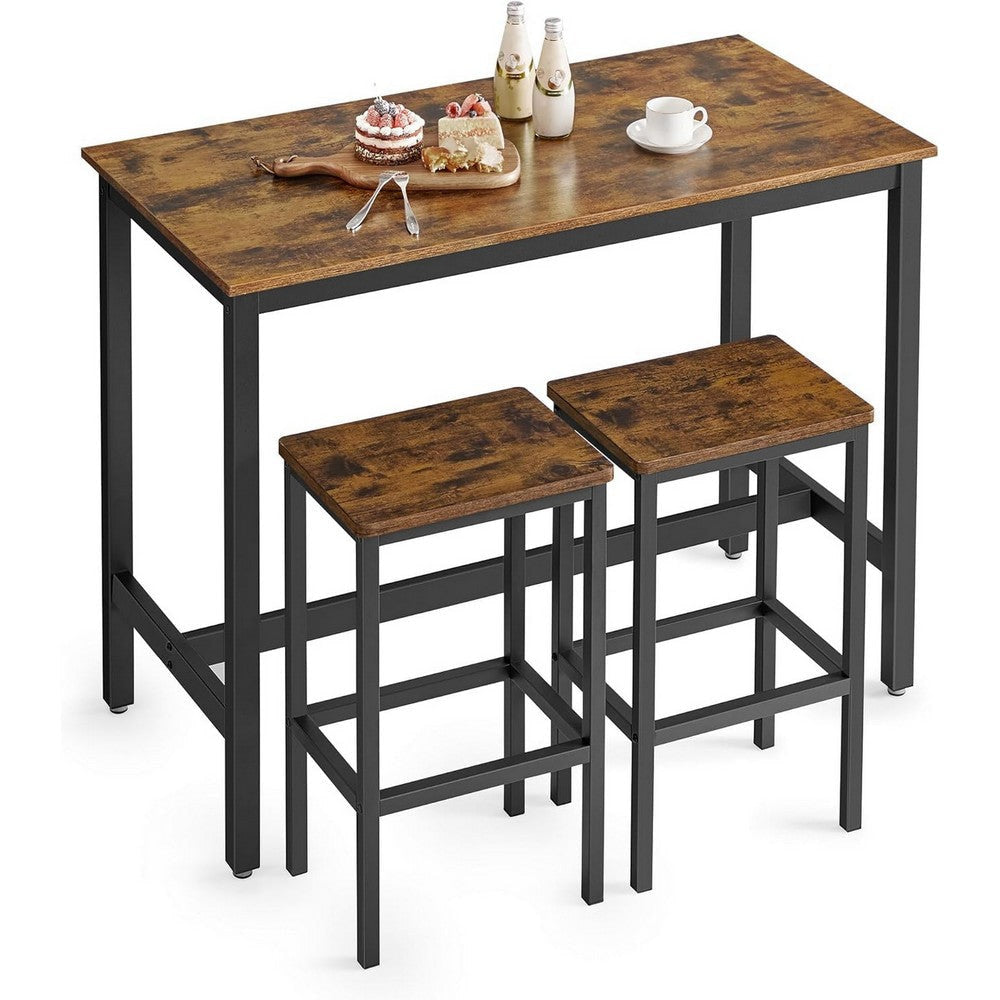 3pc Modern Bar Table Set with 2 Barstool Chairs Black Metal Brown Wood By Casagear Home BM315817