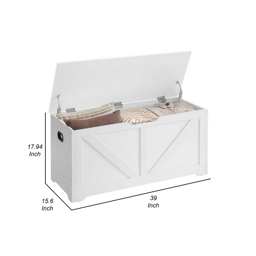 39 Inch Storage Bench, 2 Safety Hinges, Seat Cabinet, Farmhouse White Wood By Casagear Home