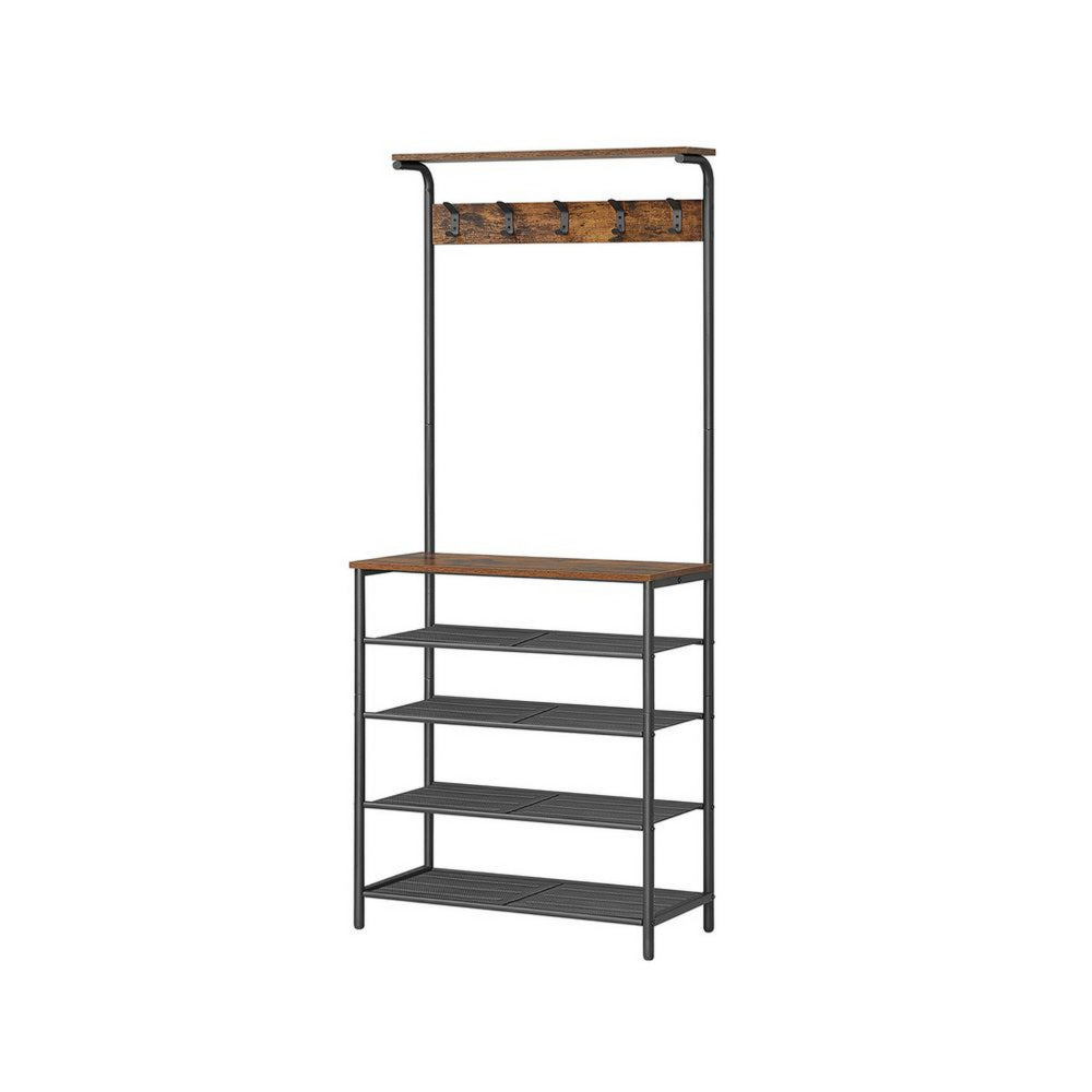 72 Inch Clothing Rack with Shoe Stand, 5 Tier Shelves, Hooks, Black Iron By Casagear Home